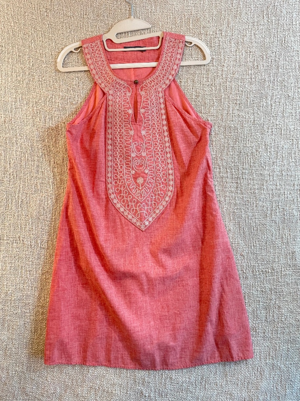 Theme Coral Pink Embroidered Sleeveless Halter Shift Dress Boho Summer Size Medi